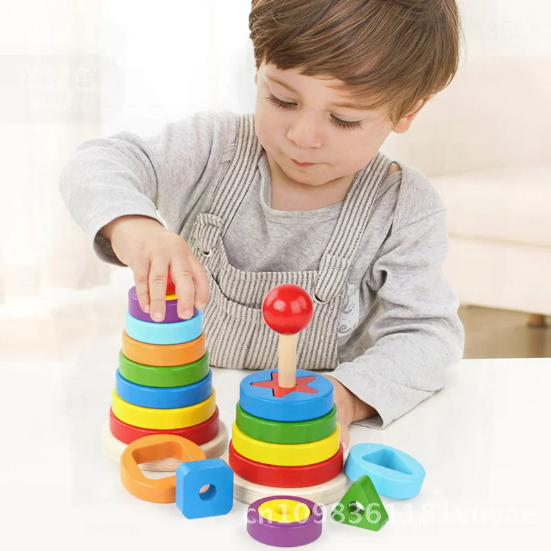 Edukacyjna drewniana wieża tęczowa Jenga - zabawka do dopasowywania kształtów i nauki kolorów dla dzieci w wieku 3-6 lat, warstwowy design w kształcie koła dla