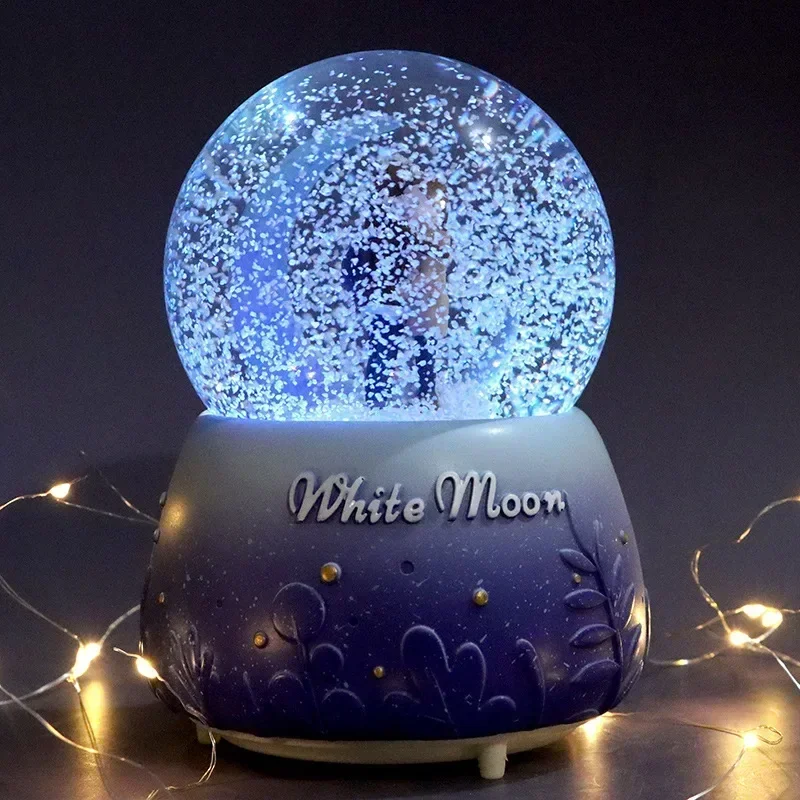 White Moonlight Couple Music Box Blue Purple Classic Drifting Snow Glow Crystal Ball Decoration