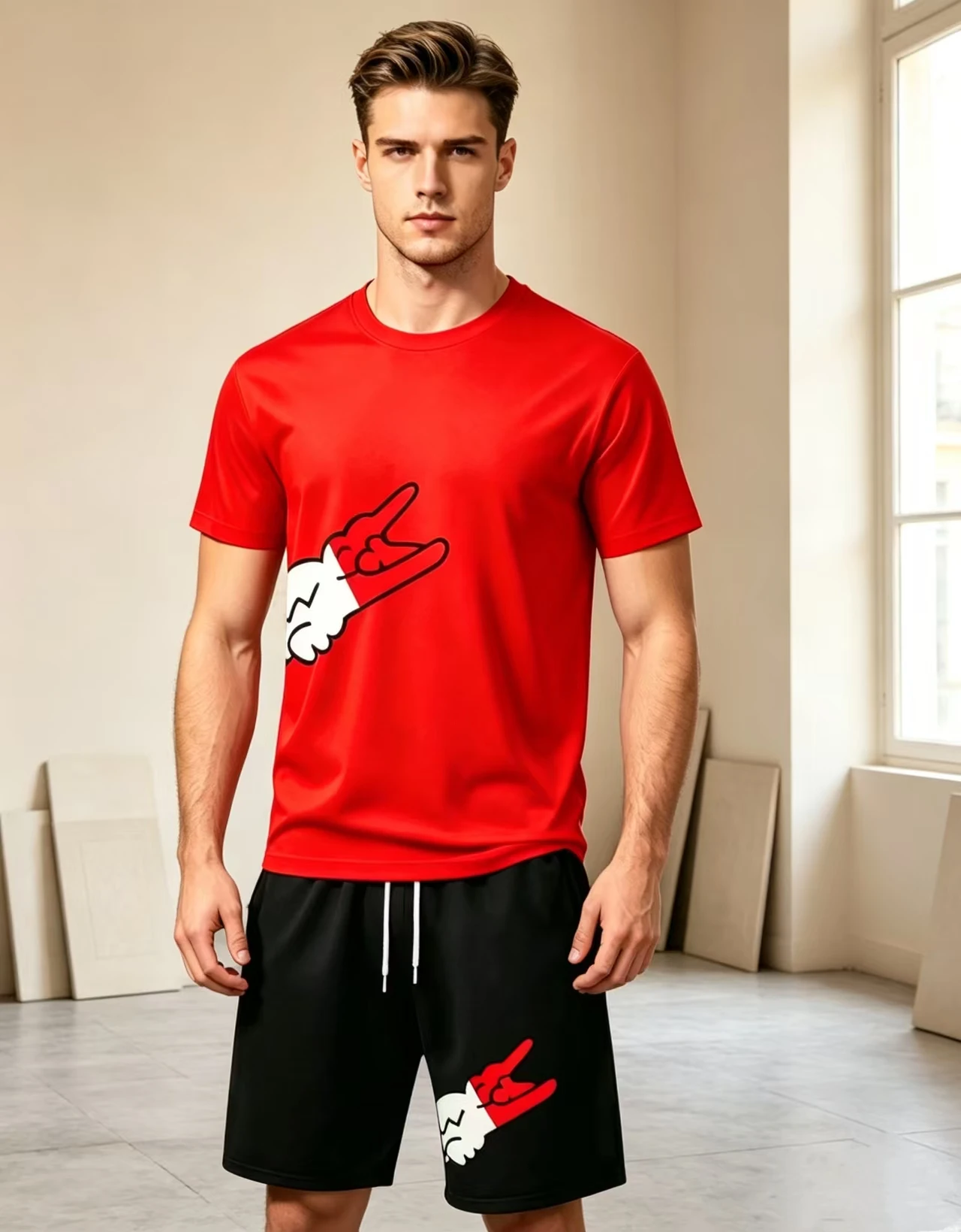 Men's fashion printed set short sleeved T-shirt+shorts 2-piece set casual running speed drying summer sportswear set