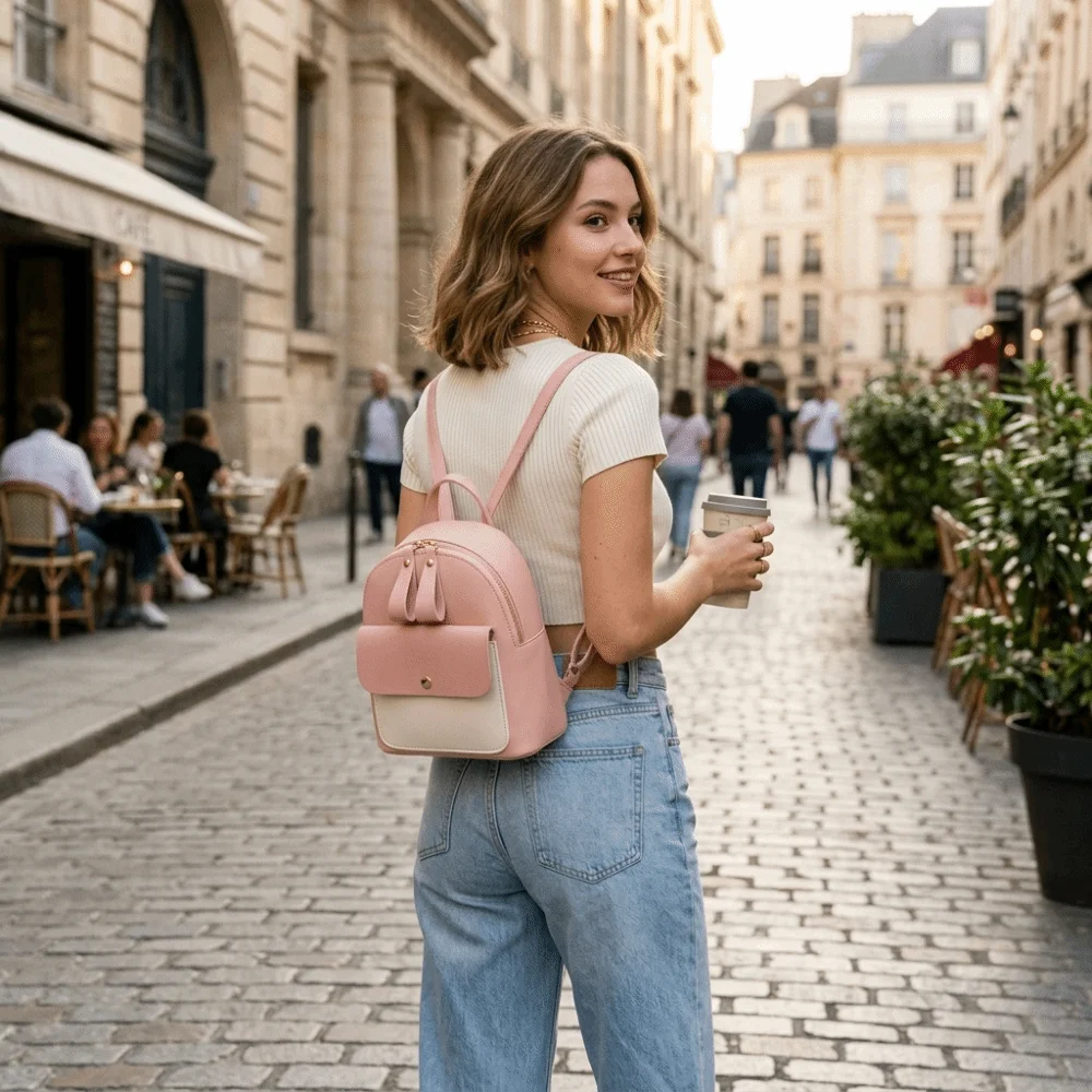 Versatile Mini Small Backpack PU Leather Adjustable Shoulder Bag Zipper Closure Handbag Travel Storage