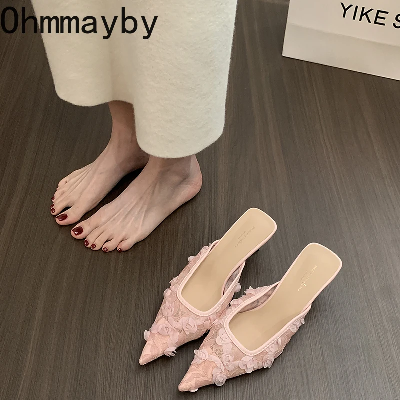 2025 Summer Concise Pointed Toe Women Slippers Fashion High Heels Party Pumps Mules Slide Shoes image 2