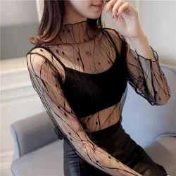 Black Transparent T-Shirt Sexy Women Mesh Tulles See Through Tops Turtleneck Long Sleeve Blouses Female Clubwear Pullover Tees