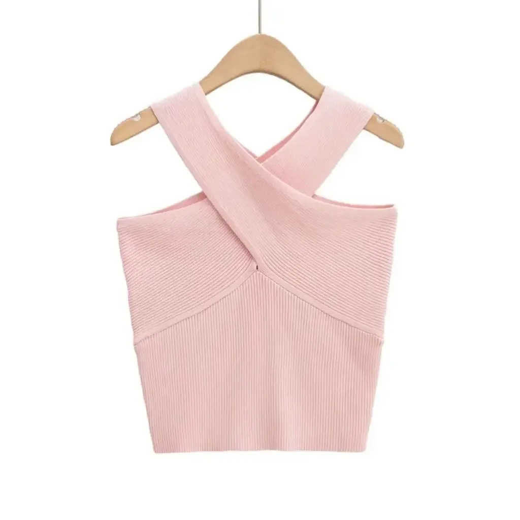 Damska seksowna dzianinowa kamizelka z krzyżującymi się ramiączkami na szyi, obcisłe szelki, hurtownia, nowość na lato 2025