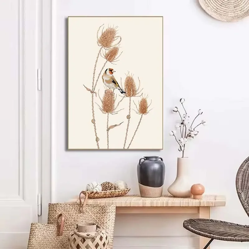 1PC frameless decorative art print,1Pc Frameless Vintage Goldfinch Landscape Bird Flower Wall Art Canvas Painting Nordic Posters