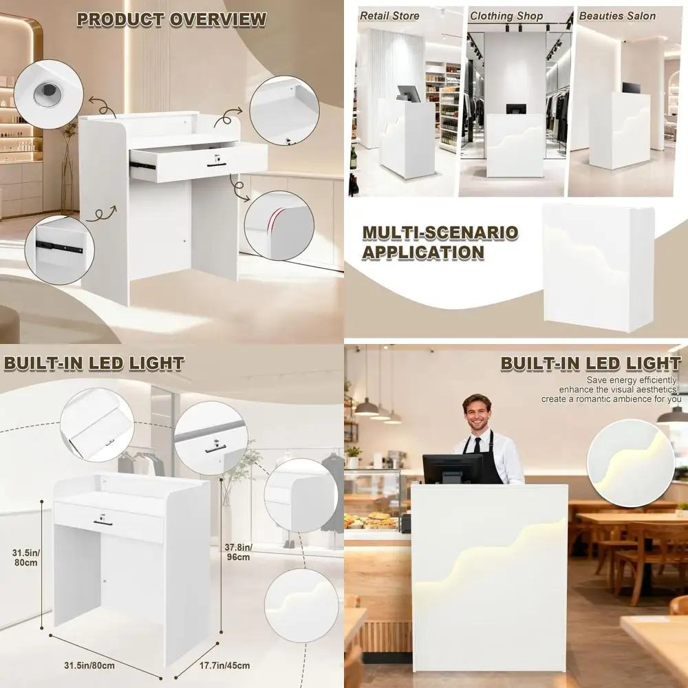 

LED-lit Counter Desk with Lockable Drawer, White, Suitable for Retail or Clothing Store
