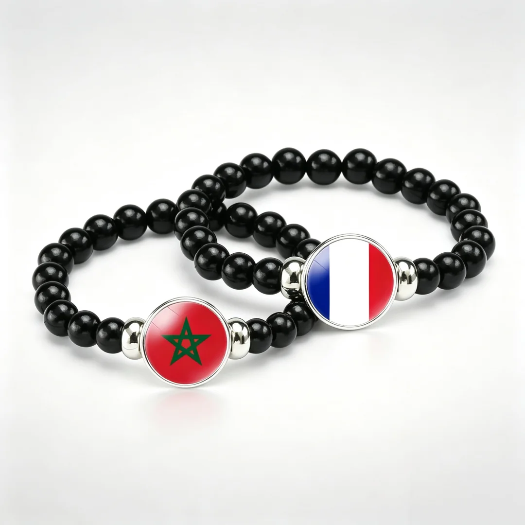 France vs Morocco Flag Pattern Time Gem Bracelet Black Elastic Rope Bead String Hand Rope Mbappe Hakimi Fan Support Accessory