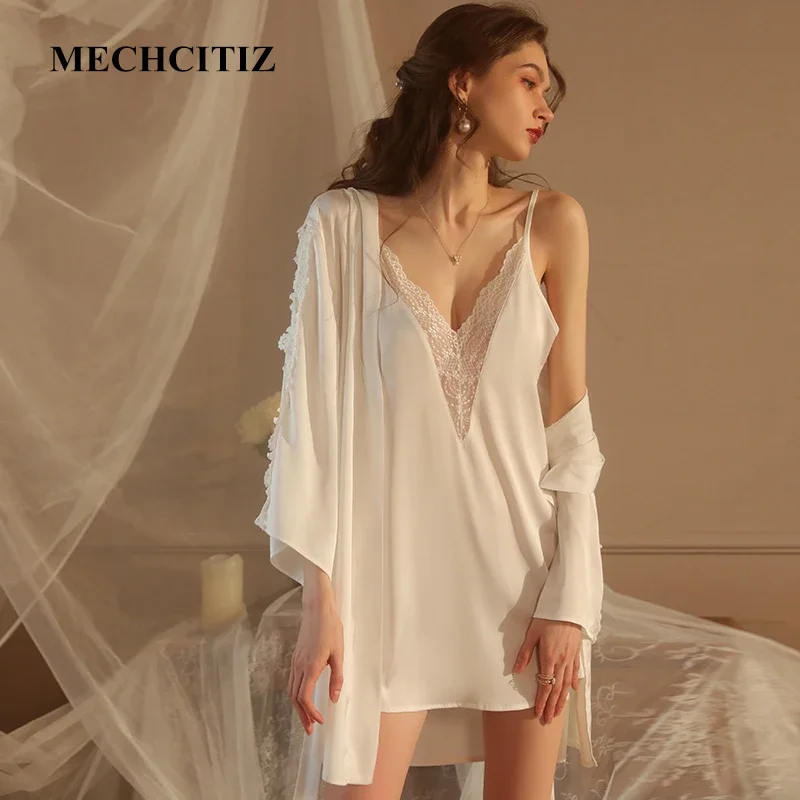 

MECHCITIZ Lace Silk Kimono Bathrobe Women Sexy Pajamas Bride Bridesmaid Wedding Robe Set Sleepwear Dress Home Clothes Nightwear