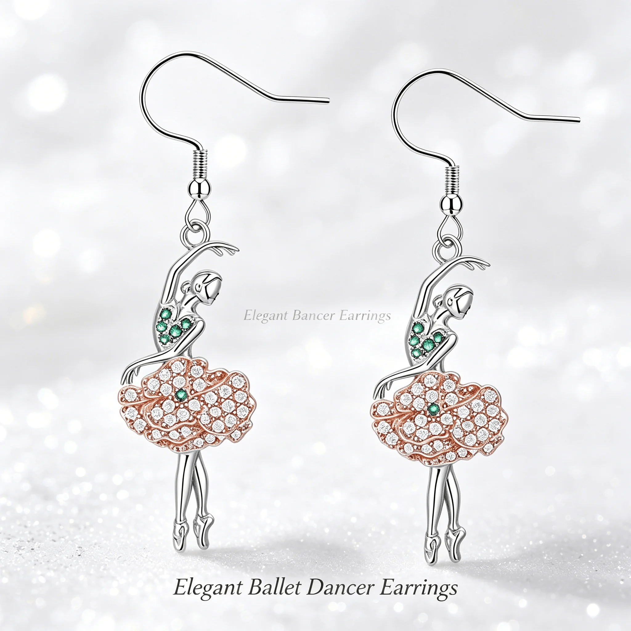 Silvery & Rose Gold Tone Ballet Dancer Dangle Earrings Green & Clear Faux Crystal Dance Lover Jewelry Gift