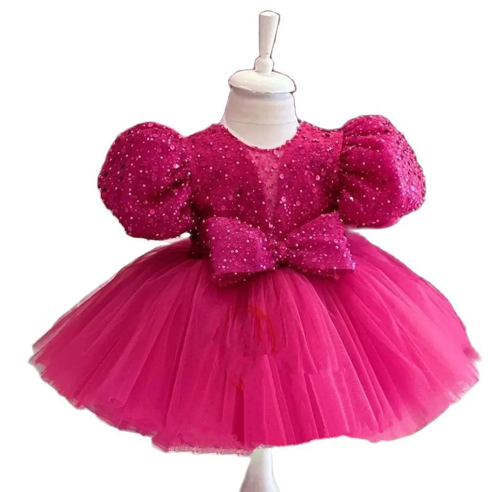 

Girls Fashion Sequin Bow Design Princess Ball Gown Children Cute Birthday Wedding Performance Dress y1563