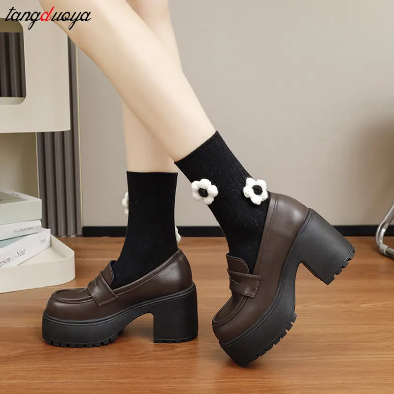 Pu Leather Platform Loafers Woman 2024 Retro British Style Thick Heels Oxfords Shoes Women Slip On College Gothic Lolita Shoes