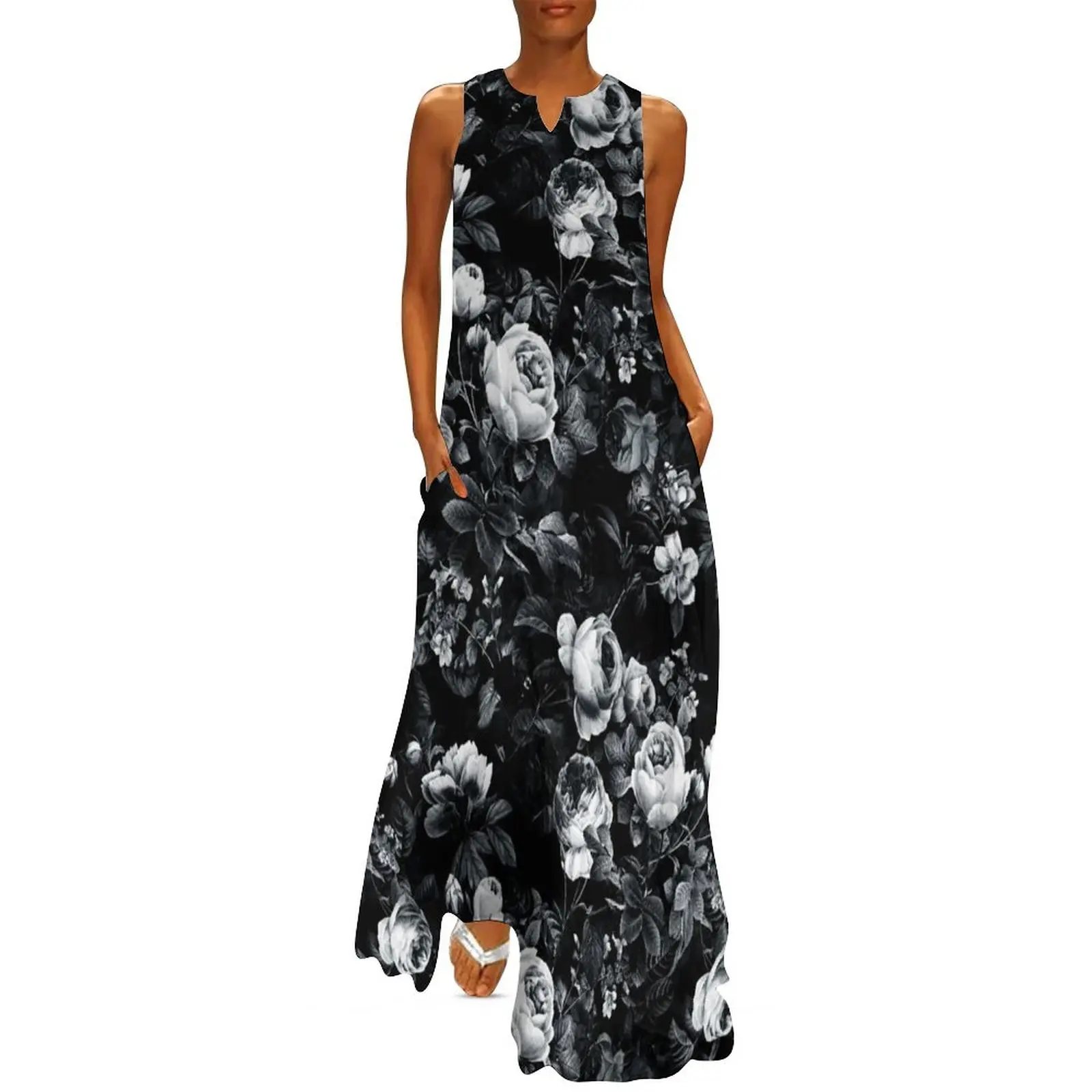 

Roses Black and White Long Dress Women's summer dress women's evening dresses Summer skirt Dress