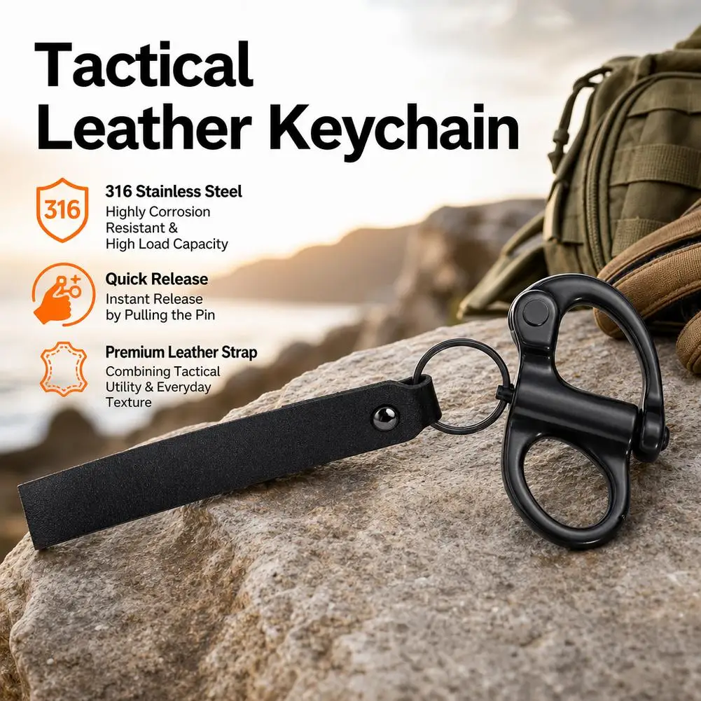 Auto Locking Spring Shackle 316 Stainless Steel Marine Saltwater Rust Resistant Compact EDC Key Gear Fastener With Leather Strap