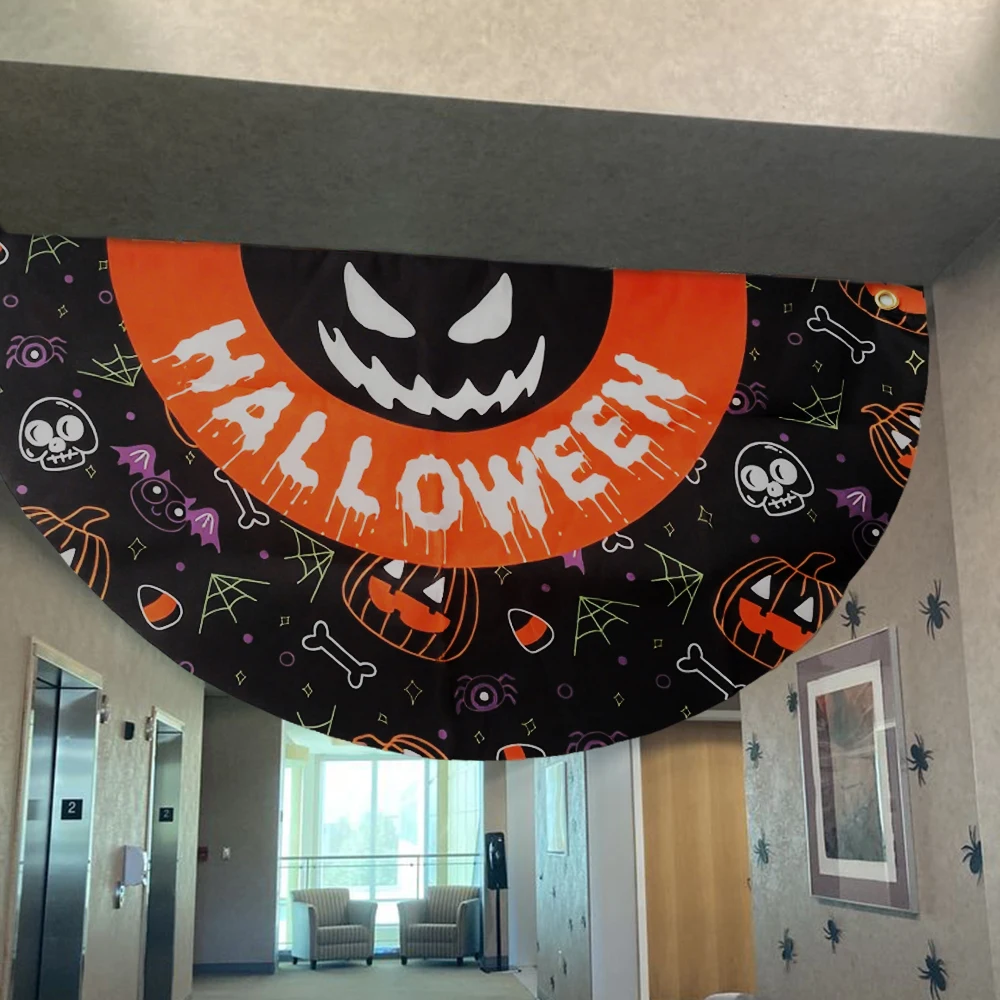 

2PCS 2025 Halloween decor Indoor Outdoor Fan shaped flag party banner pumpkin hanging flag Halloween decorations