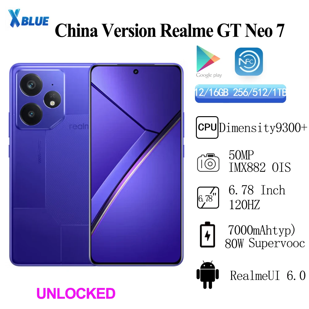 New Realme GT Neo 7 50MP IMX882 OIS 80W Supervooc 7000mAh 6.78Inch Dimensity 9300+ IP69 Unlocked Sim Network Region