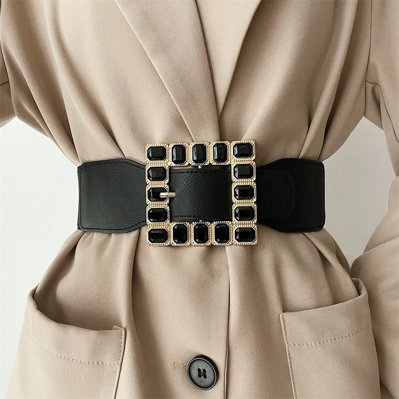 Ikat pinggang gaya Eropa dan Amerika untuk wanita, versi lebar, modis, serbaguna, dekorasi penutup pinggang, ikat pinggang elastis warna hitam