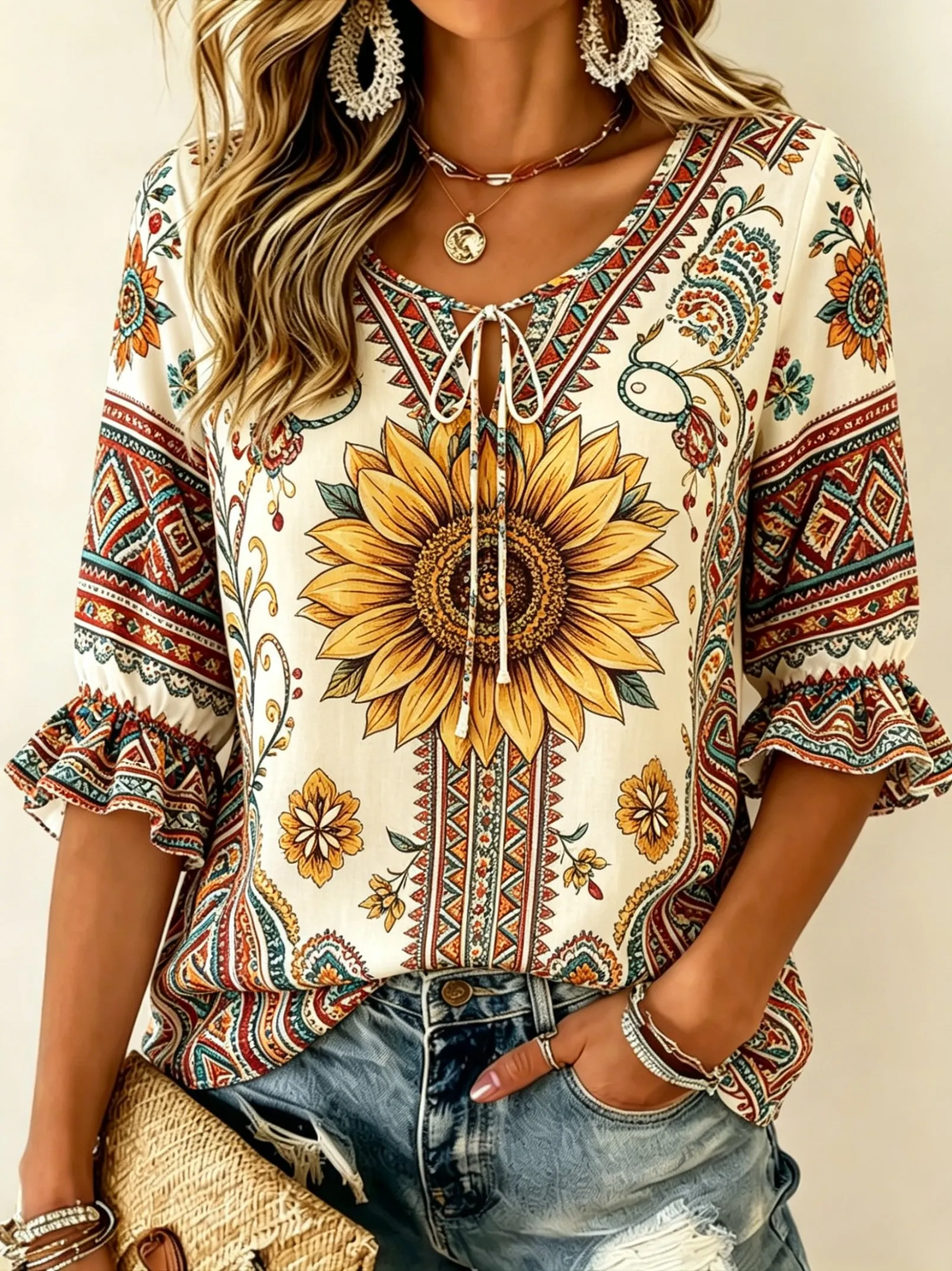 

Women's Boho Sunflower Ethnic Print V-Neck Tie Front Blouse, Casual Loose Top for Spring Summer Daily Wear