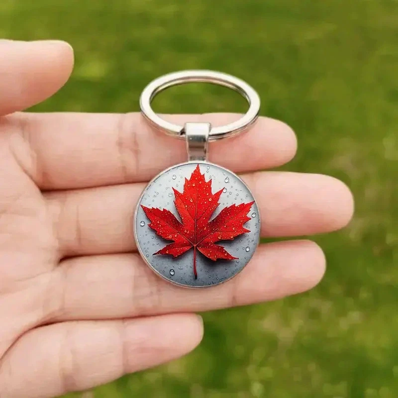 Red Maple Leaf 2D Glass Time Gem Keychain Women Bag Key Ring Wedding Trinket Men Car Keyring Girl Party Gift K13