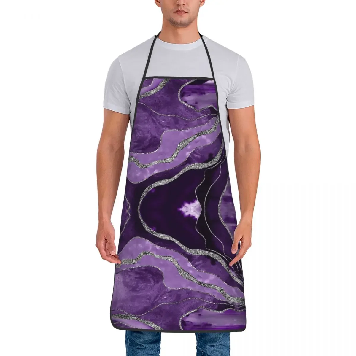 Fashion Purple Marble Agate Silver Glitter Glam Bib Apron Chef Tablier Cuisine for Kitchen Bohemian Boho Style Kitchen Baking