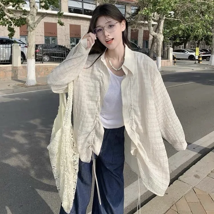 Women's Oversized Drawstring Textured Shirt, Long Sleeve Loose Blouse, Casual Lightweight Outerwear for Spring & Summer