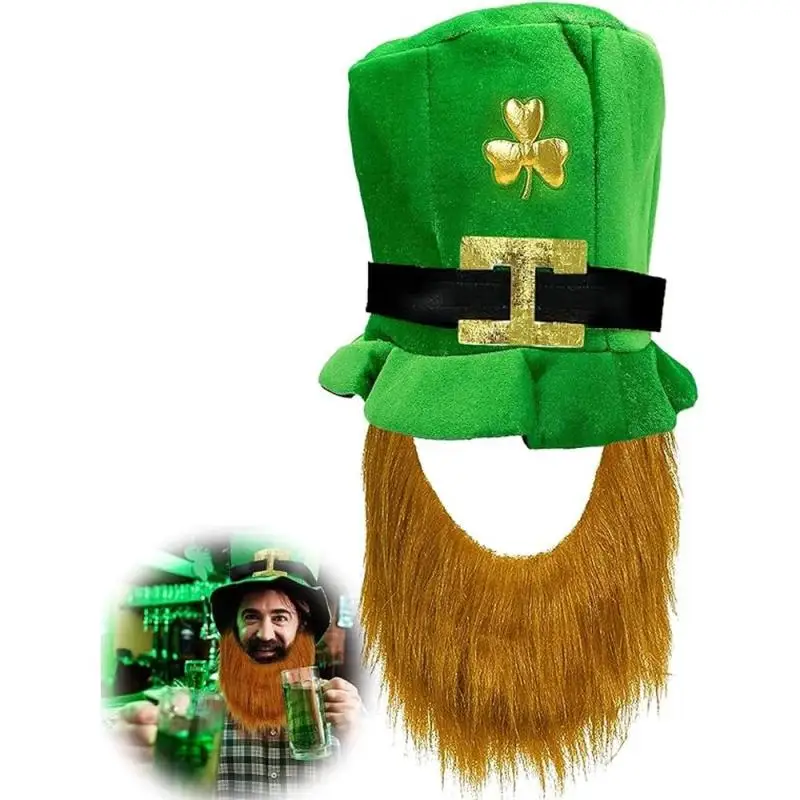 PESENAR St. Patrick's Day Green Leprechaun Top Hat With Beard Irish Shamrock Velvet Hat