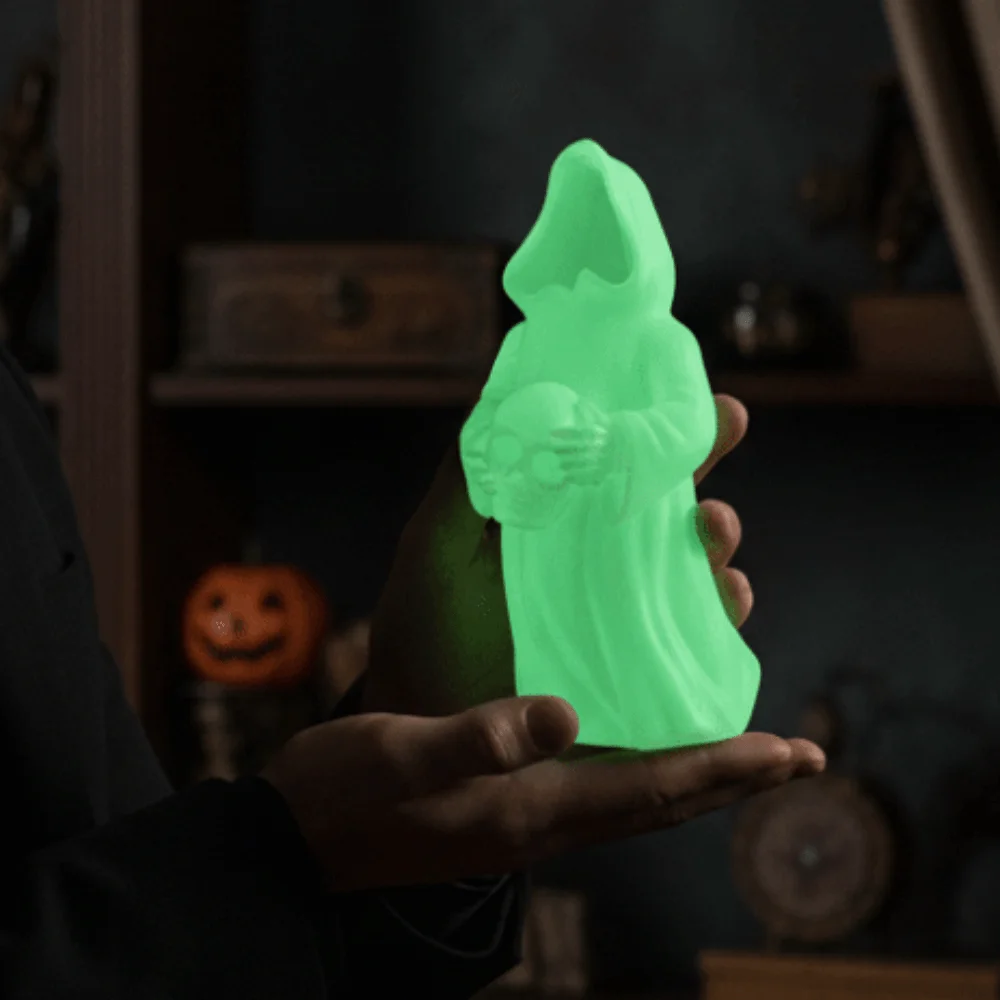 3D Printed Luminous Ghost Statue Luminous Green Miniature Size Glow Grim Reaper Fine Details Matt Finish
