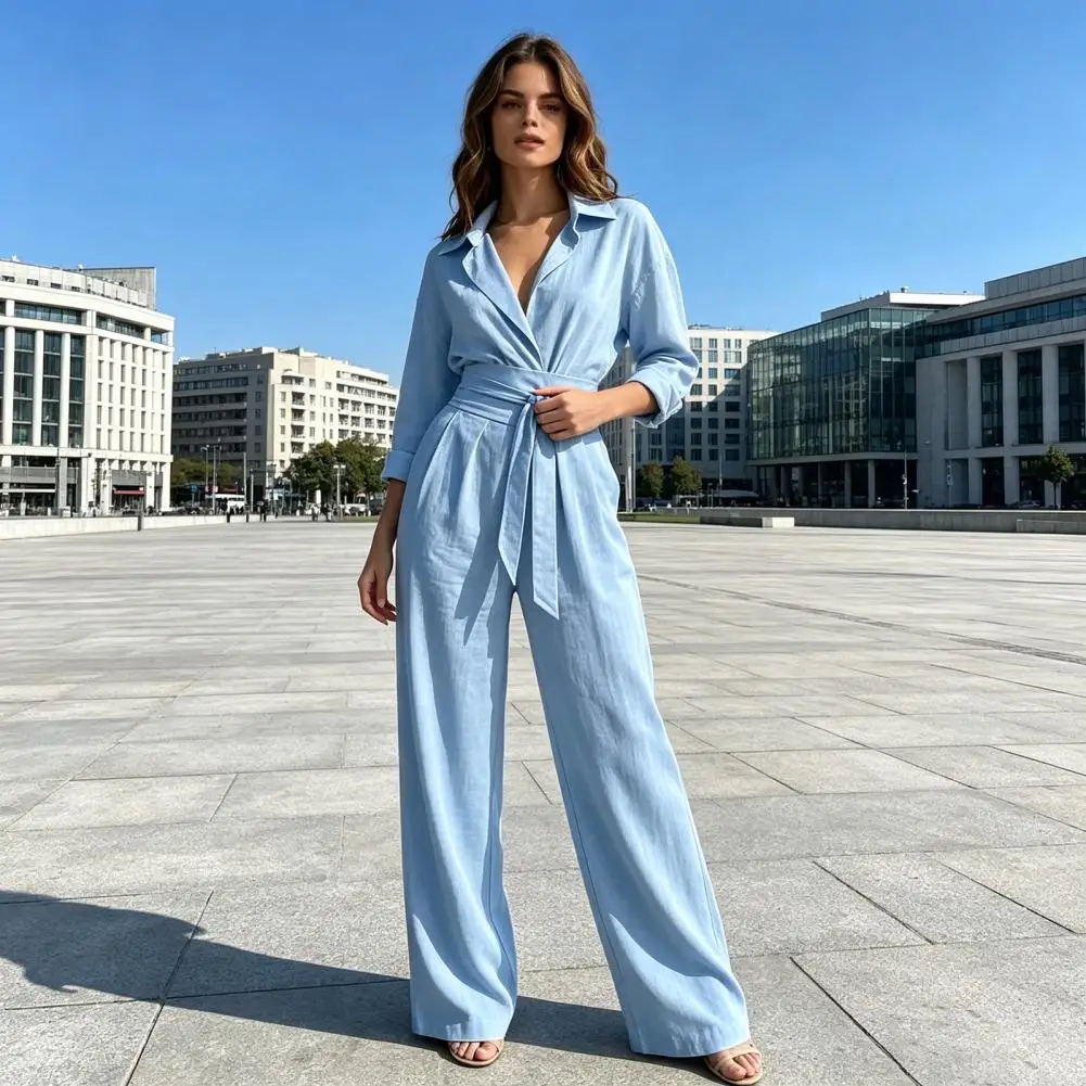 Women V Neck Long Sleeves Jumpsuit, Collared One Piece Romper with Belt,Wide Leg Pants Dressy Casual Fall Outfits
