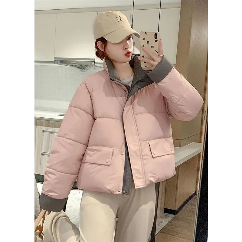 Winter Unten Mantel Frauen Parkas 2025, Neue Warme Baumwolle Gefütterte Jacke Brot Outwear Mode Kurze Stehkragen Mantel Weibliche Tops