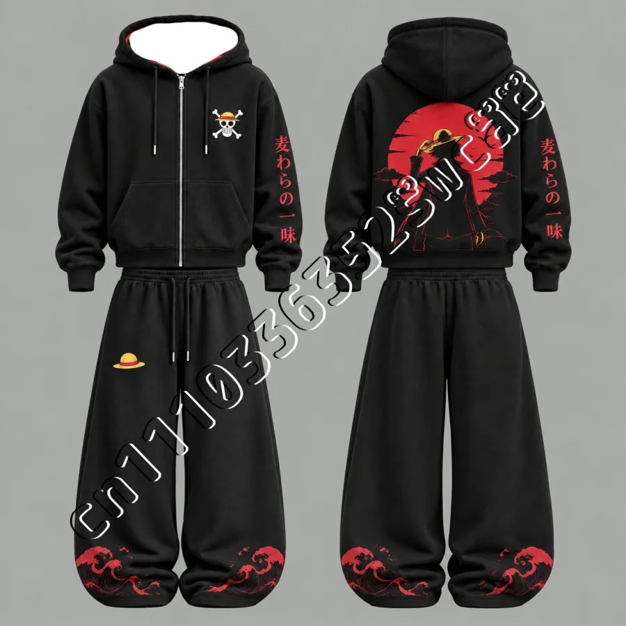 26/27 Neues One Piece Luffy & Zoro Zip-Up Hoodie-Set, Herbst-Winter, trendiges Unisex-Street-Fashion-2-Teiler-Outfit, passend für die ganze Familie – Detail 7
