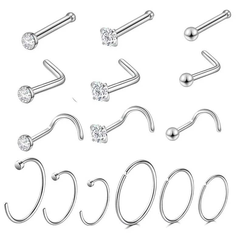 Stainless Steel Heart L Shape Nose Rings And Studs Set Indian Nose Piercing Stud Set Nostril Pin Crystal Cute Nose Studs Jewelry