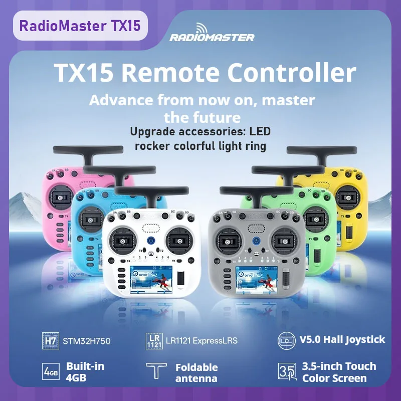 

RadioMaster TX15 2.4G 16 Channel Left Hand Color Screen Remote Control ELRS Microphone Gyroscope V5.0 Hall Joystick Colored Ligh