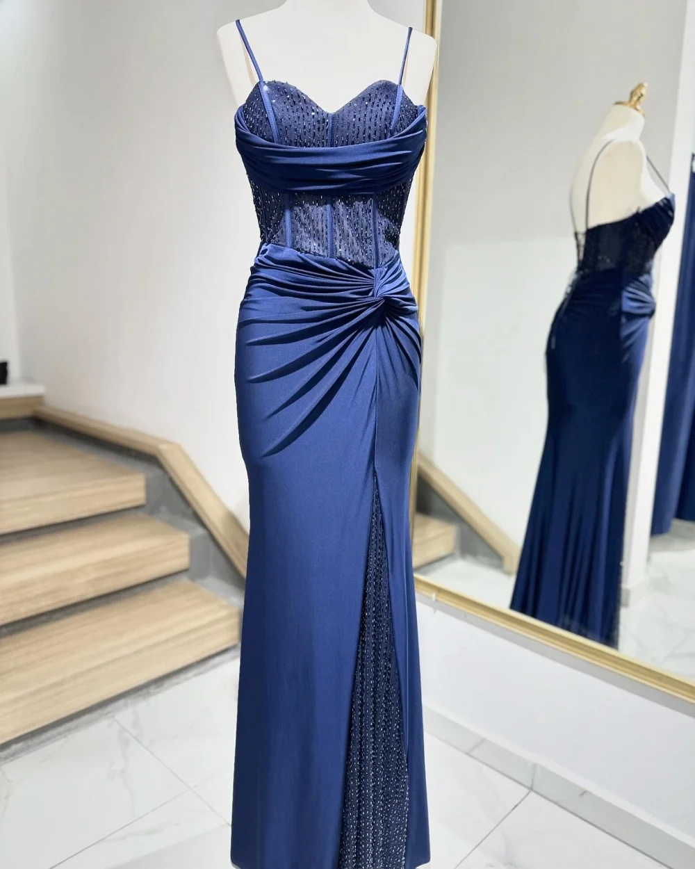 

Customized Simple Pleat Sequined Trumpet Spaghetti Strap Long Dresses Evening Dresses Customization High Quality Classic