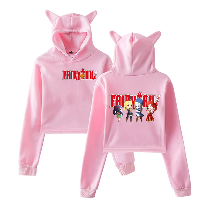 Fairy Tail Short Cropped Hoodies Women Sweatshirt Cat ears Anime Sweatshirt Girl hoodie Crop Top Hooded  Female Clothes pullover