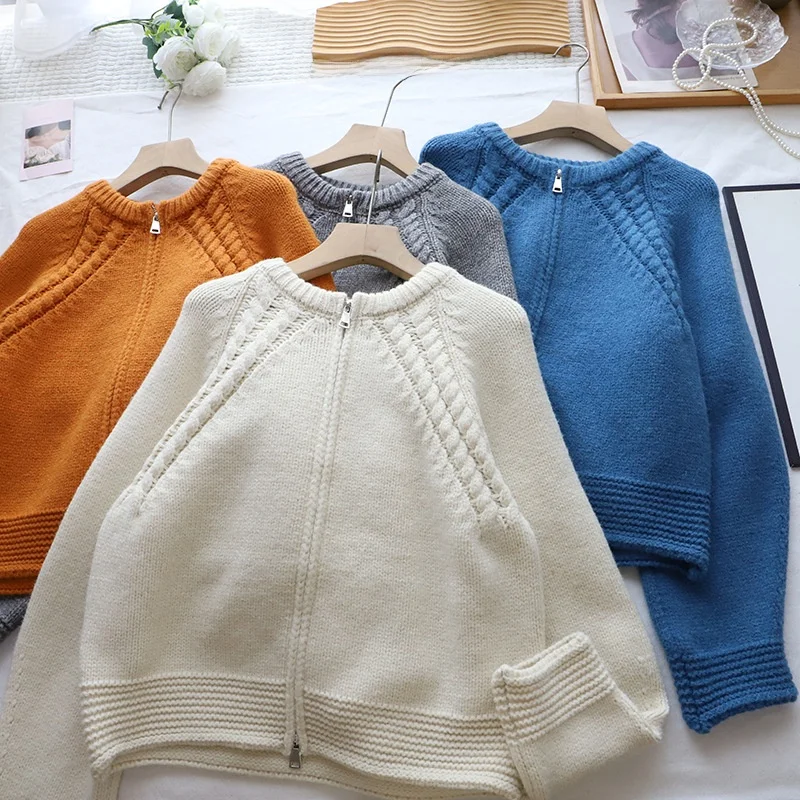 プレミアムパンプキンオレンジダブルジッパーニットセーター Jaet レディースルーズフィット秋冬新作 Sle ニットウェアカーディガン