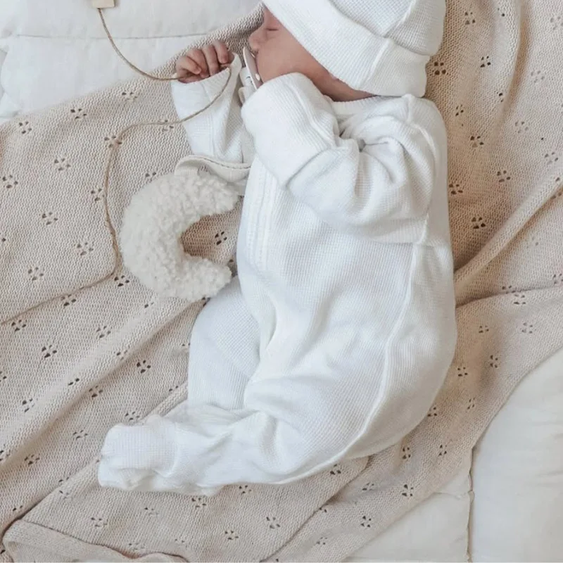 2025 Winter New Baby Long Sleeve Casual Jumpsuit Solid Newborn Romper + Hat 2pcs Set Cute Boy Girl Infant Waffle Clothes