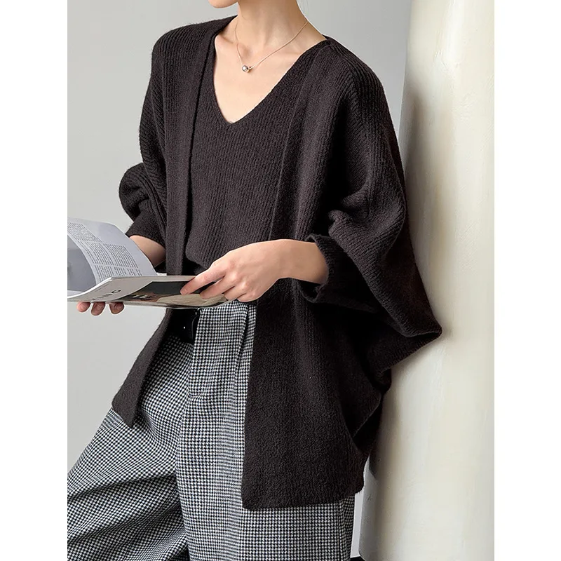 WHTREND Herbst Neue Lose Mantel + Weste Einfarbig Gestrickte Pullover Weibliche Casual Design Mode WH1741