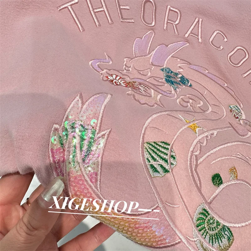 New Chinese Style Heavy Embroidery Sequin Dragon Year Short Sleeve T-Shirt Women Summer Loose Base Shirt Top Korean Style Cotton view 4