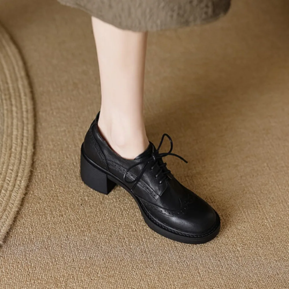 Big Size 44 Women Oxfords Retro High Heels Brogues Black Brown Round Toe Party Dress Office Lady British Style Lace Up Shoes