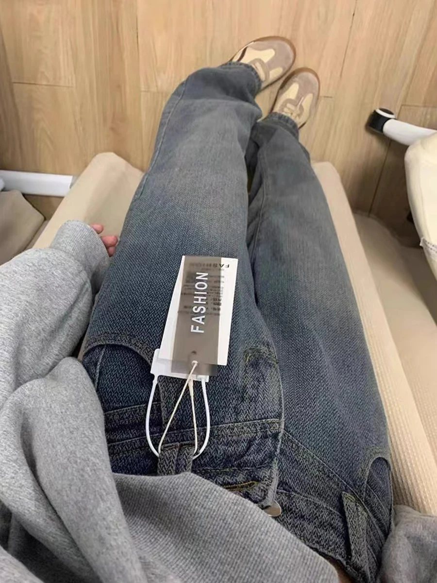 

Синие джинсы с высокой талией и широкими штанинами, женские, свободного кроя, в пол, повседневные, весна-осень, больших размеров, в стиле ретро