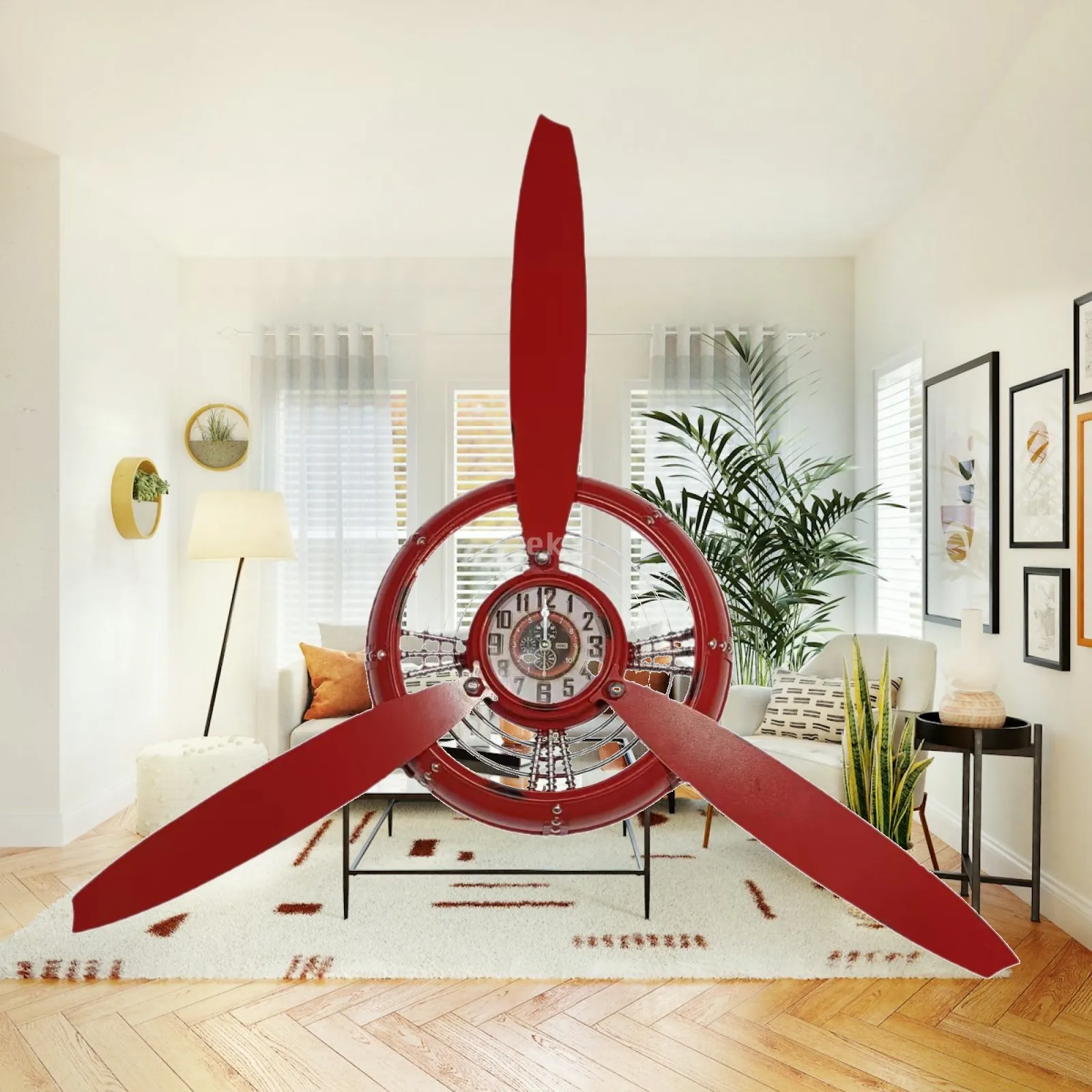 Airplane Propeller Wall Clock Metal Vintage Design Decorative Wall Art Hanging Clock for Home Bar Cafe