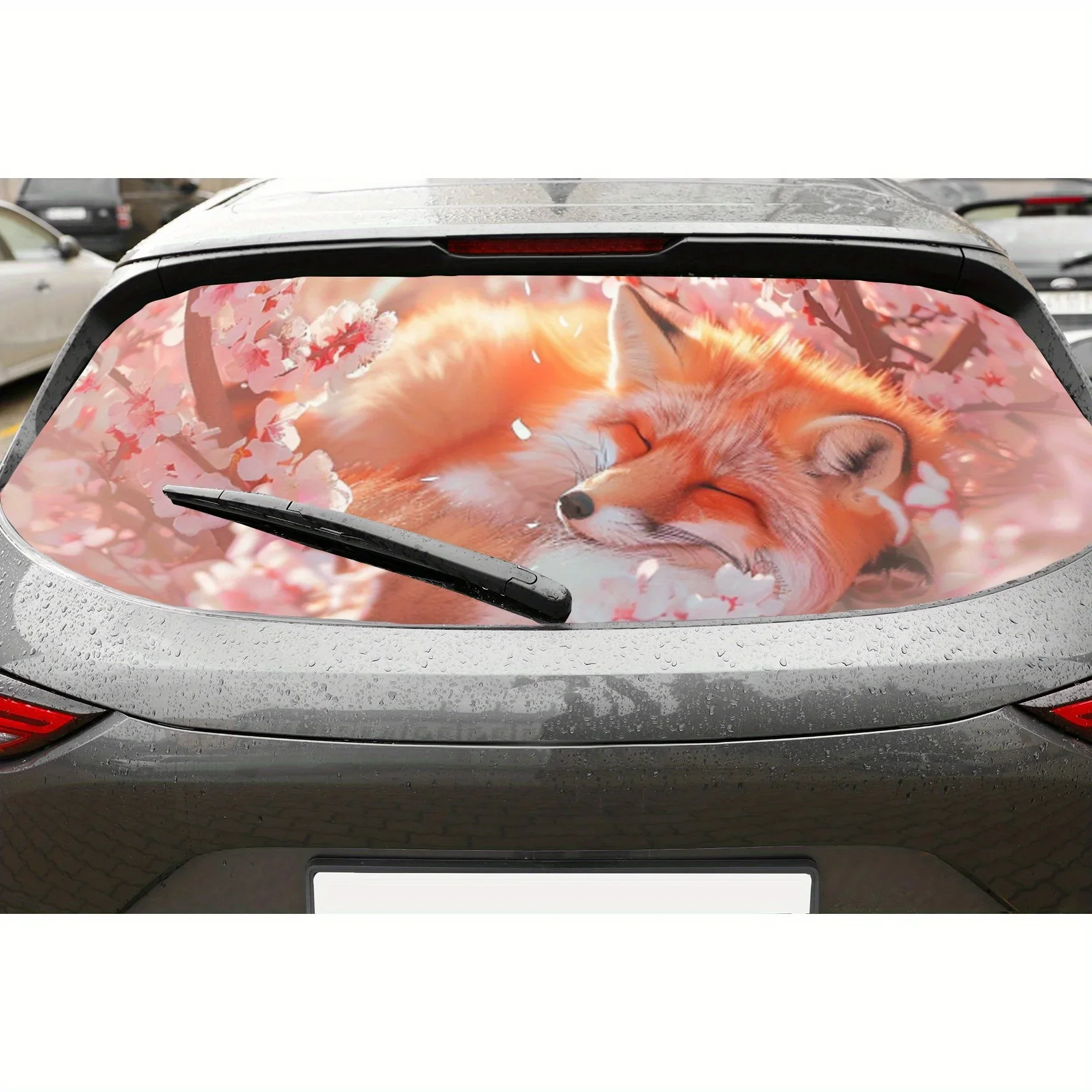 Sleeping Red Fox Flower Print Car Rear Windshield Sticker Truck Window See Through Perforated Back Window Vinyl Wrap Decal Self
