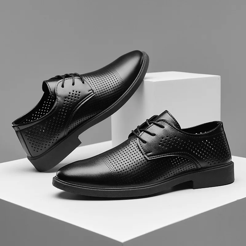Summer Men Leather Shoes Hollow Casual Shoes Soft Sole Breathable Dress Shoes Height Increase Footwear Business Lace-up Men Shoe