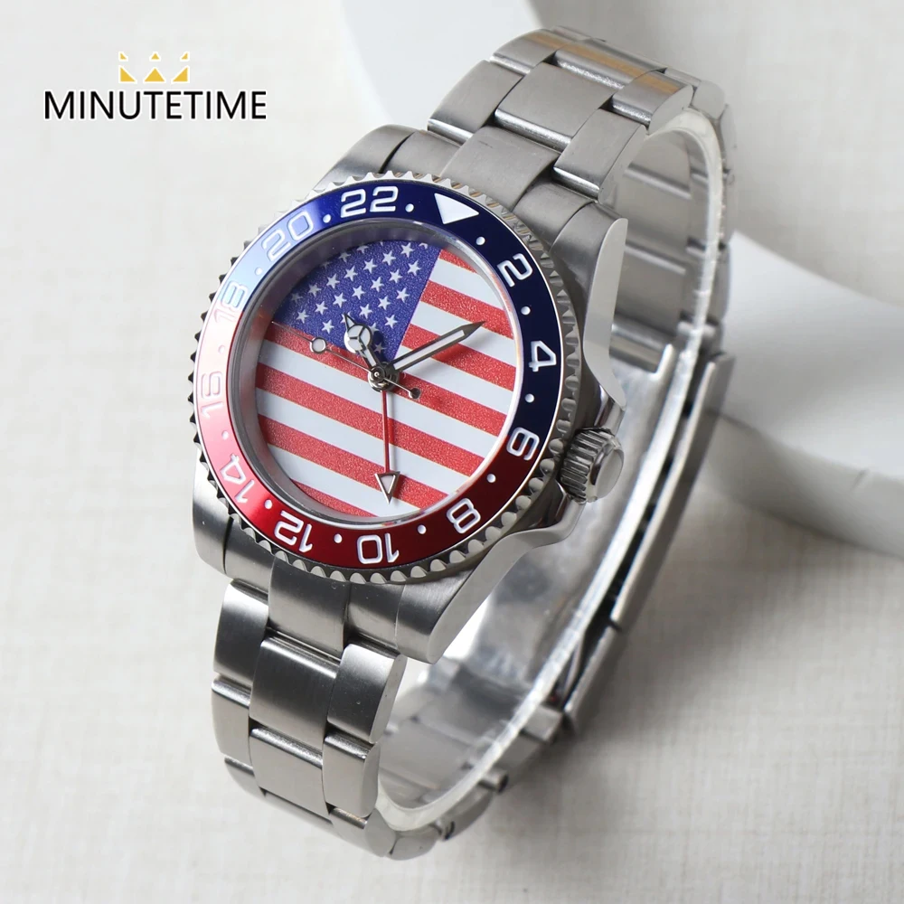 

MINUTETIME NH34 GMT Watch DIY Dial American Flag 40MM Red Blue Bezel Automatic Movement Watch Sapphire Crystal 10ATM Waterproof