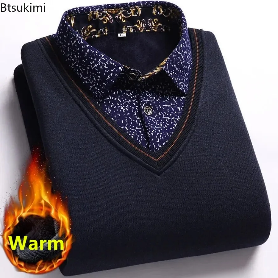 남성용 가짜 두 니트 스웨터, 플러시 두꺼운 자수 셔츠 칼라 풀오버, 남성 단색 따뜻한 상의, 2024 가을 겨울 패션