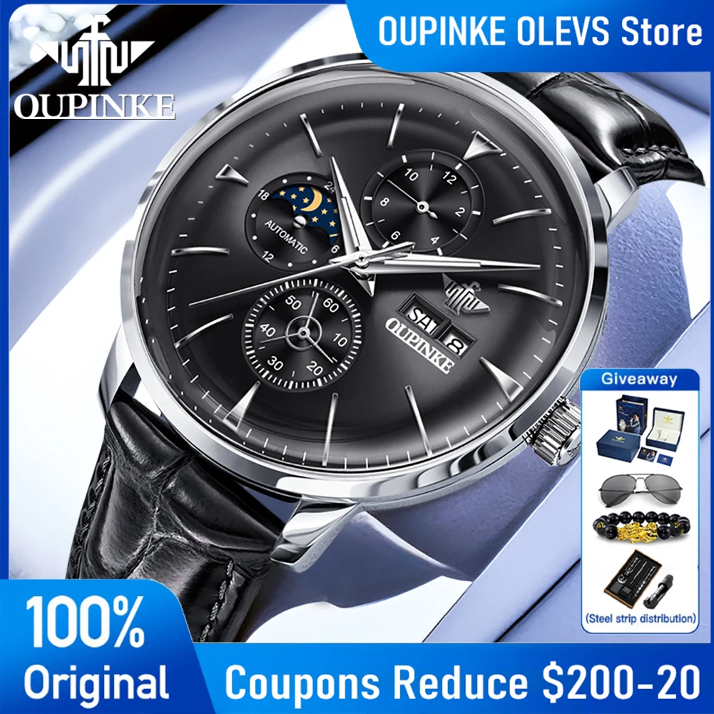 

OUPINKE 3309 Mens Watch Multifunctional Automatic Mechanical Watch Genuine Leather Strap 50M Waterproof Watches Luxury Box Gifts