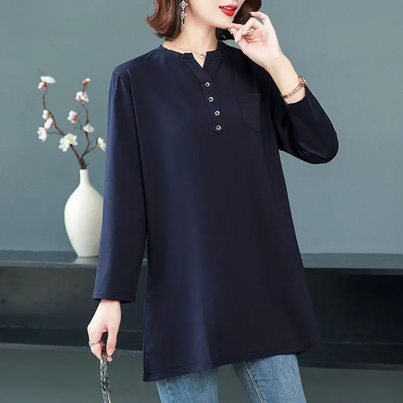 Women\'s Button Loose All-match T Shirts Spring Autumn New Long Sleeve Solid Color Plus Size Tops Casual Vintage Fashion Clothing