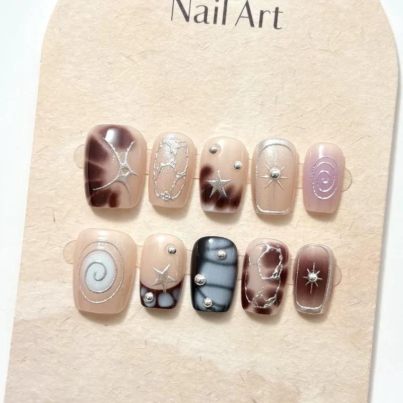 

24PCS Cat Eye Starburst Press on Nails Short Coffin Y2K Hot Girl Sweet Cool Punk Style False Nails Chrome Star Line Fake Nails