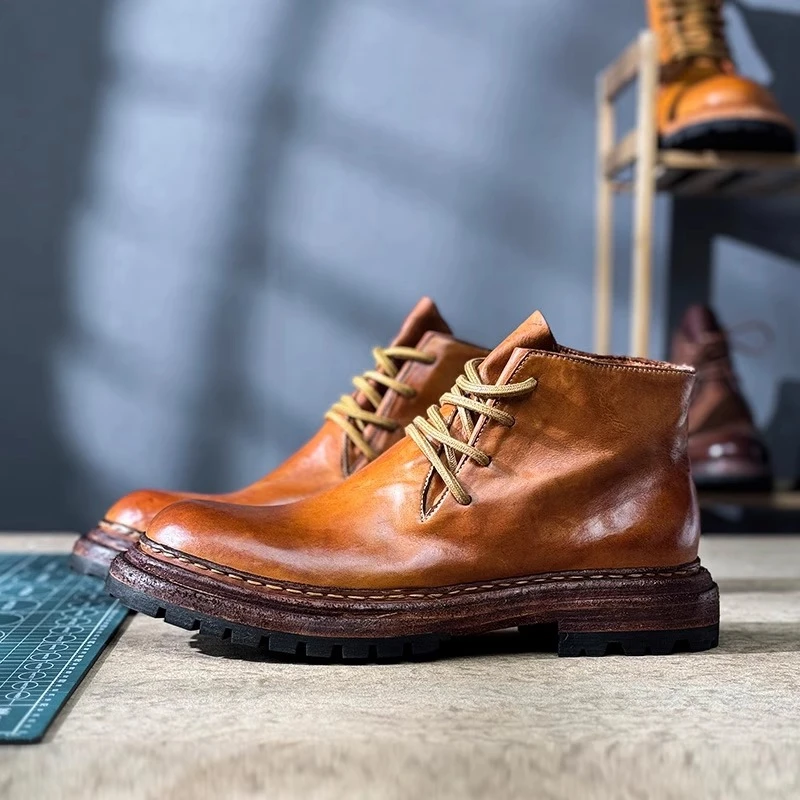

British Men Vintage Desert Boots Genuine Cow Leather Outdoor Hiking Boots Luxury Handmade Motorcycle Boots Work Safety Shoes