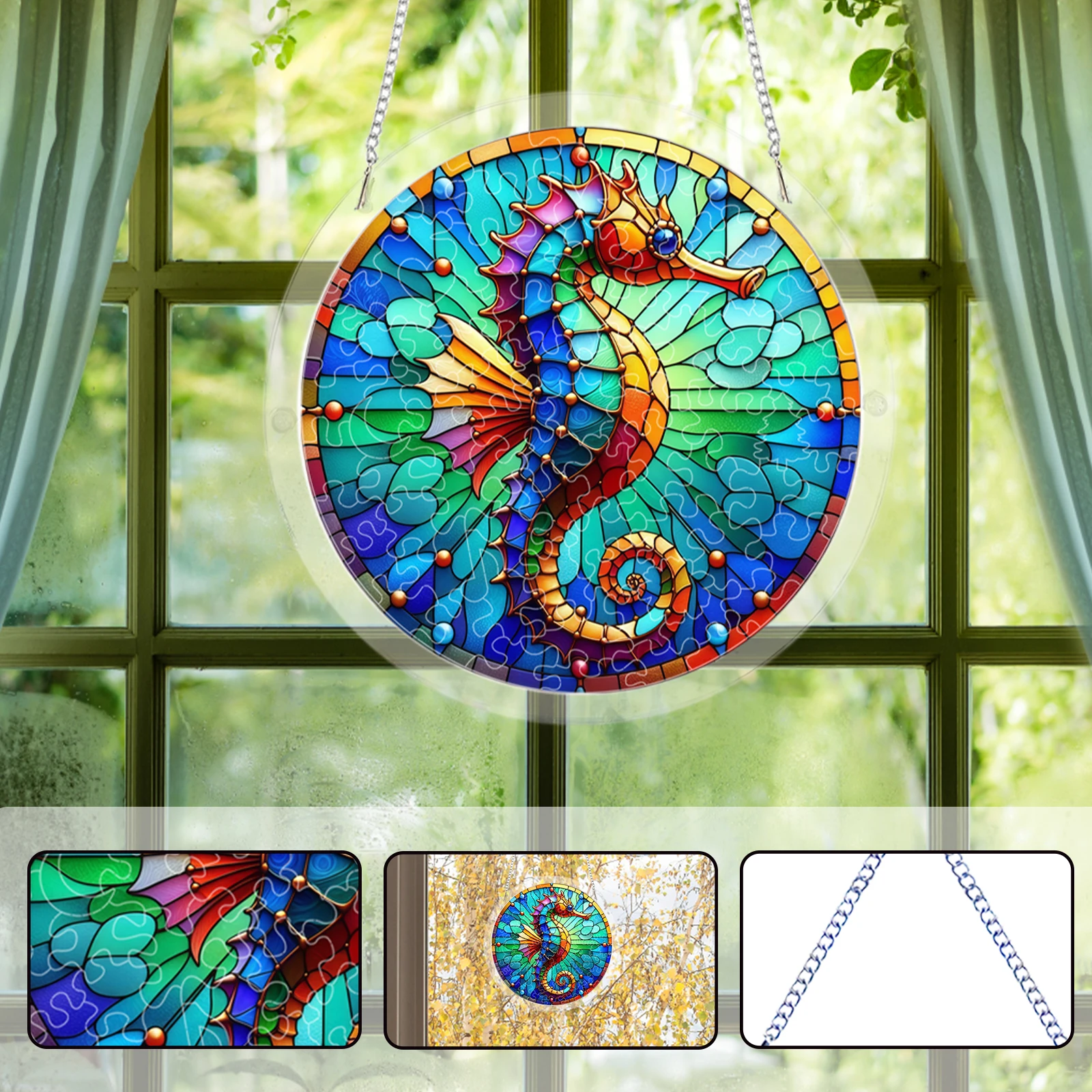 Elegant Suncatcher Kit with Hanging Chain DIY Stained Glass Decoration Non-Fading Round Window Puzzle Decor for Sunlight Display
