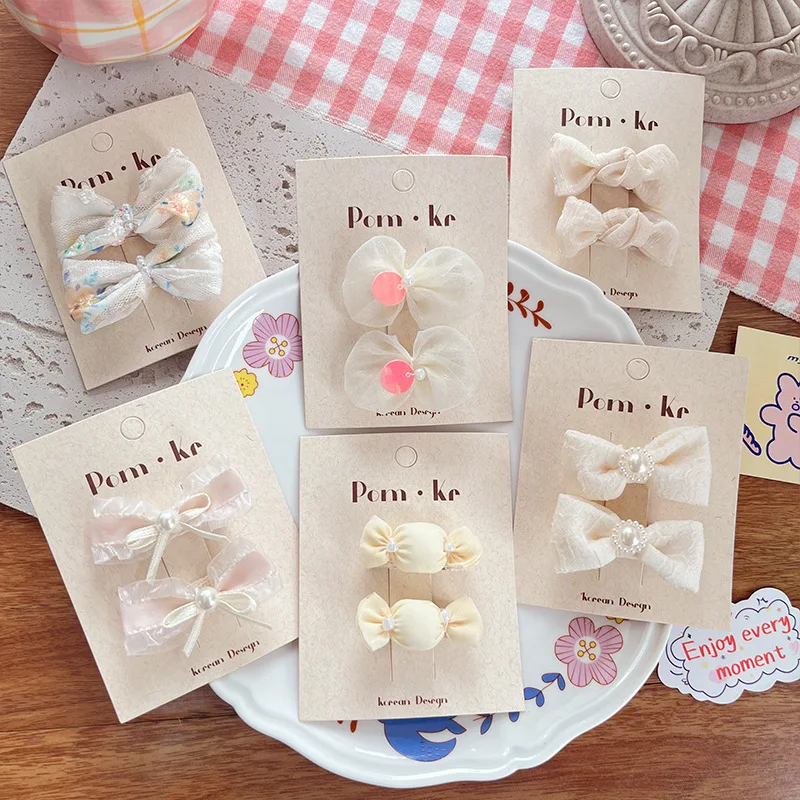 2pclot Ivory Color Lace Embroidered Bowknot Baby Hair Clips Lace Bow HairPins Kids Pearl Flower BB Barrettes Girls DIYHeadwear