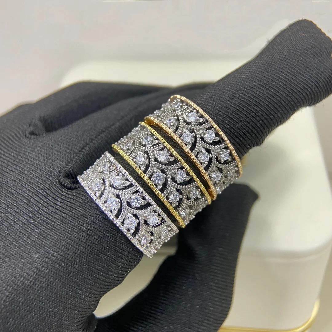 S925 Silver Men's and Women's Rings with Retro Floral Petals and Exquisite Design Featuring Diamonds, with a Choice of Width